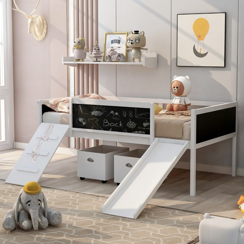 Climbing Frame White Twin Size Loft Bed with Slide and Storage Boxes